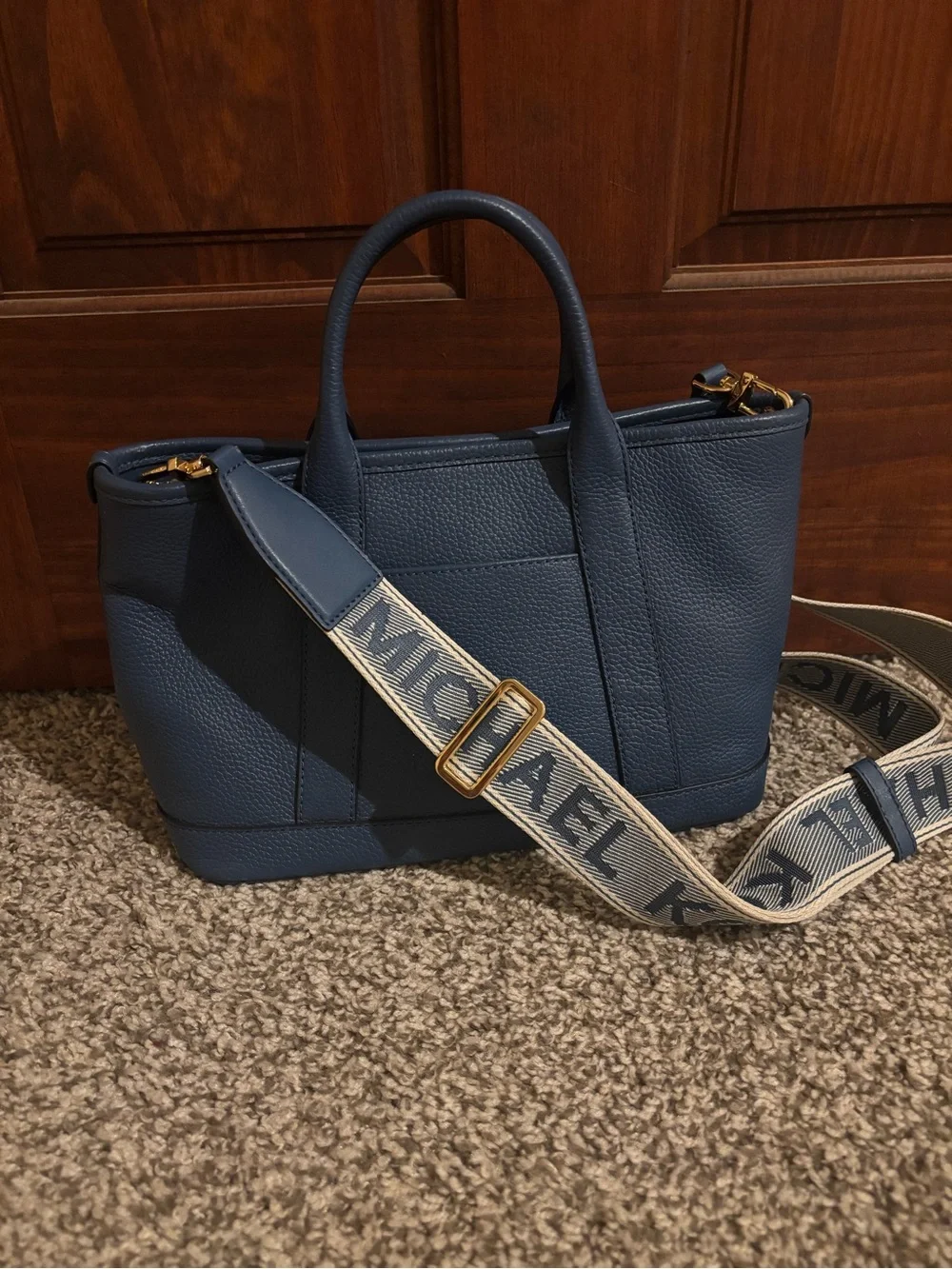 Michael Kors Blue Pebbled Leather Tote with Branded Strap